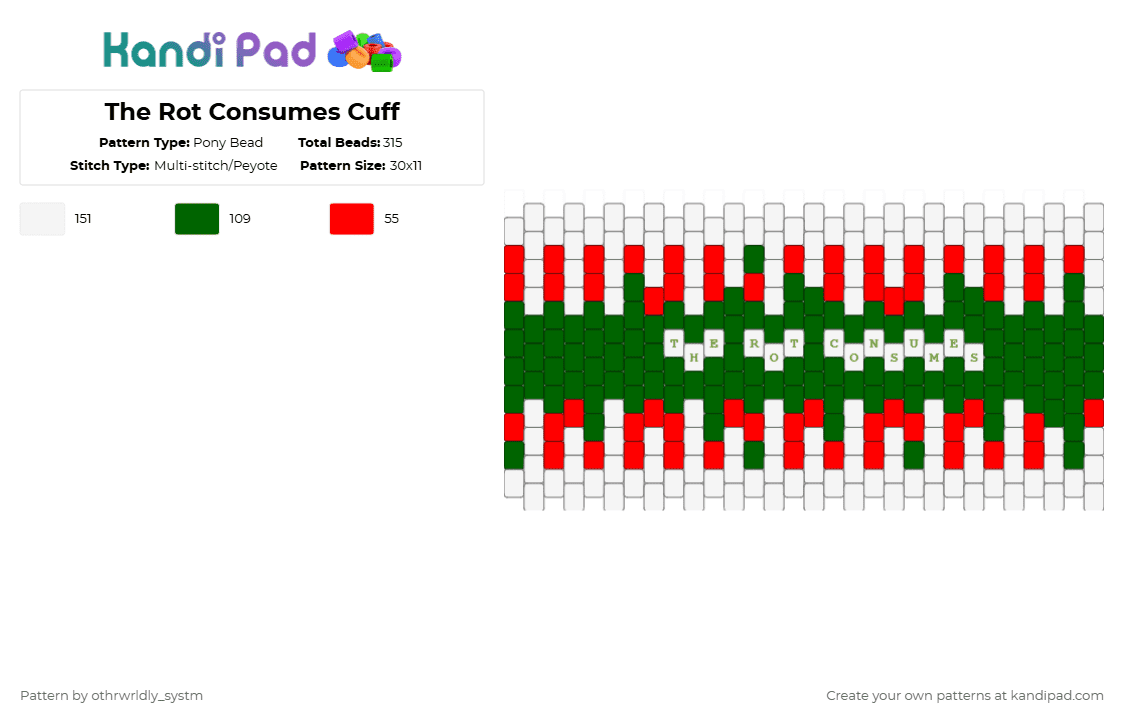 The Rot Consumes Cuff - Pony Bead Pattern by othrwrldly_systm on Kandi Pad - green,red,zombie,rot,the rot consumes,autism,autistic,special interest,brainrot,brain rot
