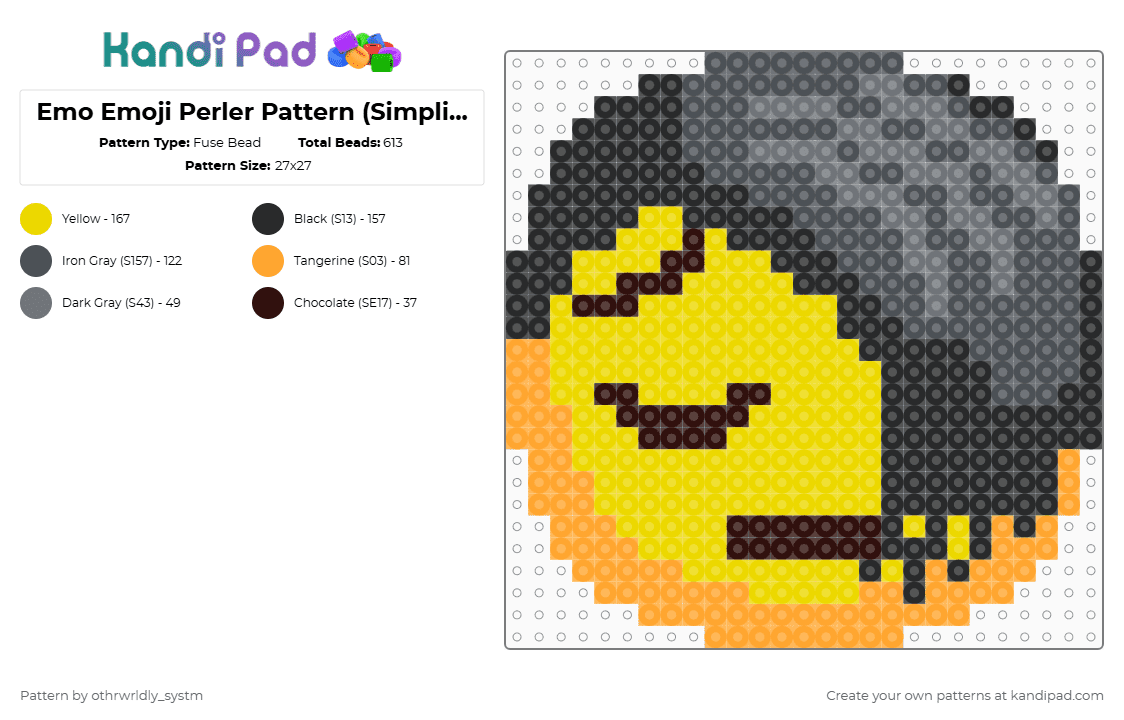 Emo Emoji Perler Pattern (Simplified) (Insp. by blue_cosmo) - Fuse Bead Pattern by othrwrldly_systm on Kandi Pad - purple,yellow,emo,emoji,perler,detailed,detailed pattern,moody,meme