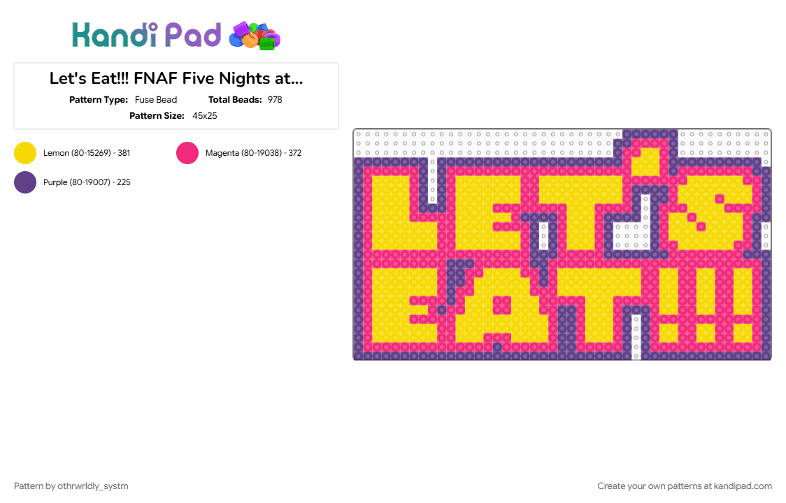 Let\'s Eat!!! FNAF Five Nights at Freddy\'s Chica\'s Bib Text Perler - Fuse Bead Pattern by othrwrldly_systm on Kandi Pad - chica, fnaf, fnaf chica, pink, yellow