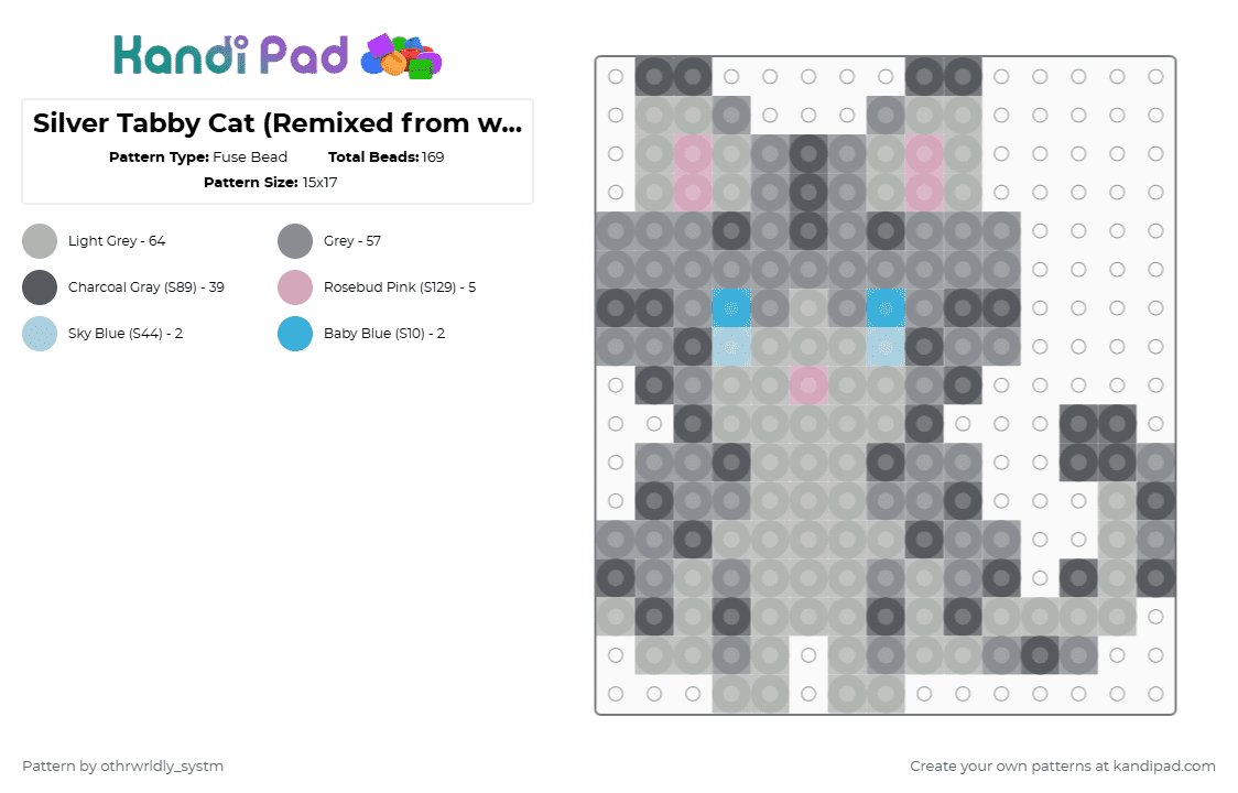 Silver Tabby Cat (Remixed from wyvernsoath) - Fuse Bead Pattern by othrwrldly_systm on Kandi Pad - gray,beige,cat,kitty,tabby,tabby cat,silver tabby,meow,animal,cute