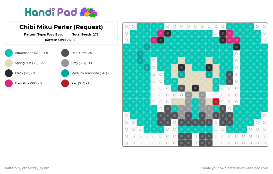 Chibi Miku Perler (Request) - Fuse Bead Pattern by othrwrldly_systm on Kandi Pad - teal,miku,hatsune miku,vocaloid,music,chibi,perler
