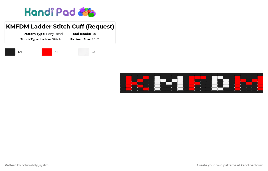 KMFDM Ladder Stitch Cuff (Request) - Pony Bead Pattern by othrwrldly_systm on Kandi Pad - black, kmfdm, ladder, red, white