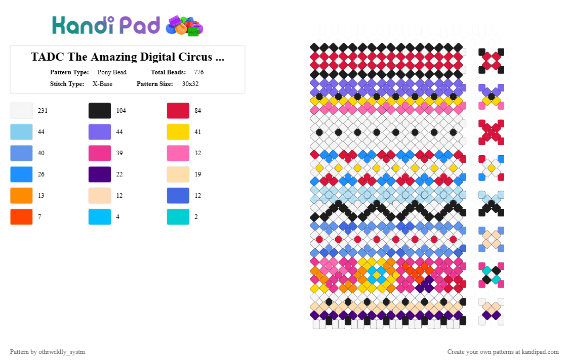 TADC The Amazing Digital Circus Main Cast X-Base Cuffs W/ Bumpers - Pony Bead Pattern by othrwrldly_systm on Kandi Pad - pink,red,light blue,blue,tadc,the amazing digital circus,x base,xbase