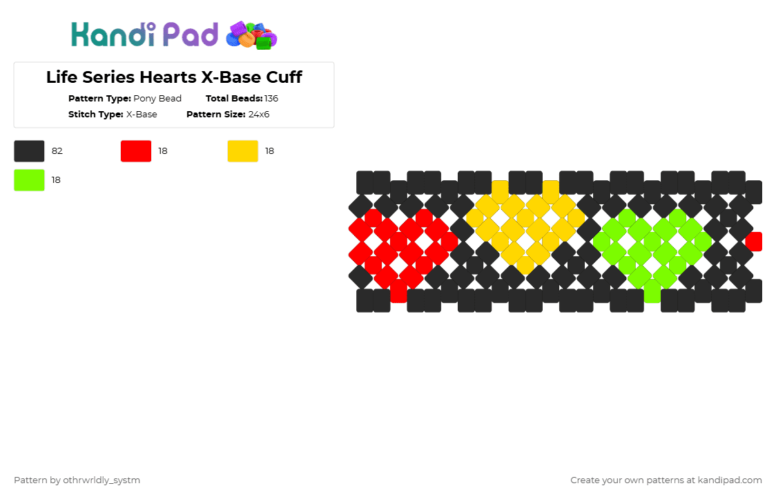 Life Series Hearts X-Base Cuff - Pony Bead Pattern by othrwrldly_systm on Kandi Pad - black,red,yellow,green,life series,minecraft,xbase,hearts,heart,stoplight series