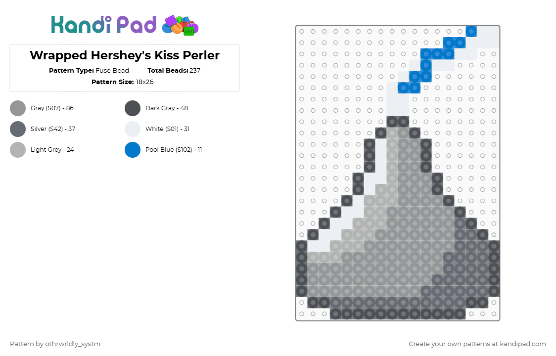 Wrapped Hershey\'s Kiss Perler - Fuse Bead Pattern by othrwrldly_systm on Kandi Pad - gray,hershey,hersheys,candy,chocolate,cotdchocolate,food,perler