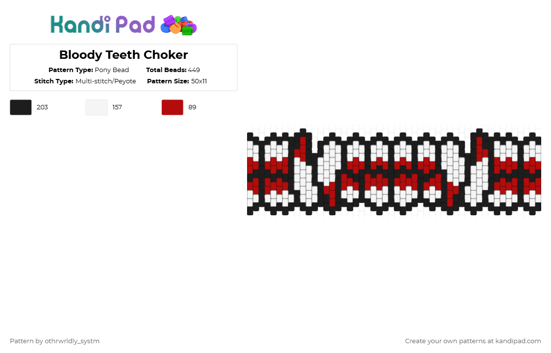 Bloody Teeth Choker - Pony Bead Pattern by othrwrldly_systm on Kandi Pad - red,white,teeth,choker,blood,bloody,canine