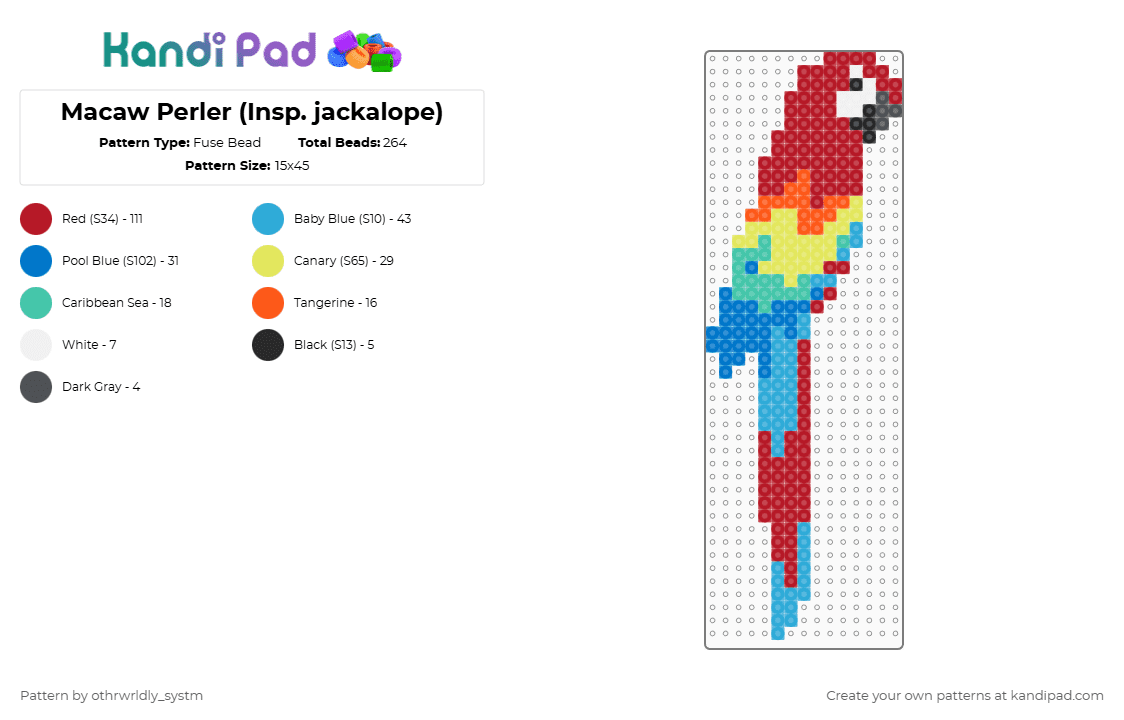 Macaw Perler (Insp. jackalope) - Fuse Bead Pattern by othrwrldly_systm on Kandi Pad - light blue,red,macaw,bird,tropical,tropics