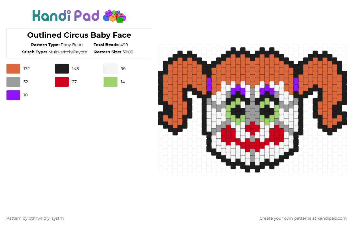 Outlined Circus Baby Face - Pony Bead Pattern by othrwrldly_systm on Kandi Pad - orange,circus baby,baby fnaf,circus baby fnaf,five nights at freddys,fnaf,sister location,fnaf sister location