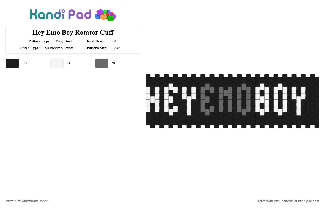Hey Emo Boy Rotator Cuff - Pony Bead Pattern by othrwrldly_systm on Kandi Pad - black, gray, white