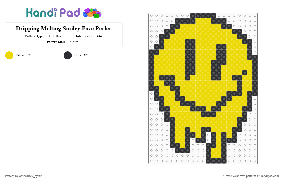 Dripping Melting Smiley Face Perler - Fuse Bead Pattern by othrwrldly_systm on Kandi Pad - black,yellow,smile,smiley face,drip,trippy