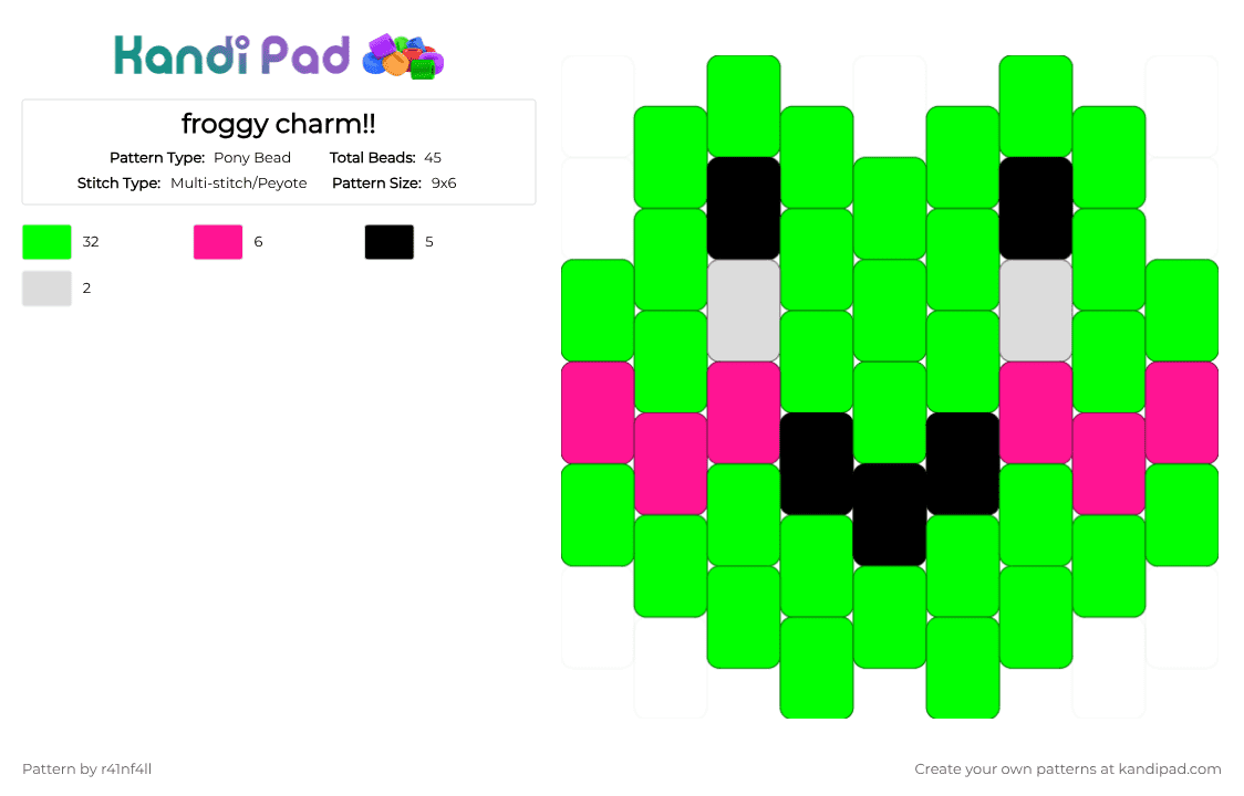 froggy charm!! - Pony Bead Pattern by r41nf4ll on Kandi Pad - green,frog,froggy,froggie,peyote,charm,peyote charm,peyote stitch,neon
