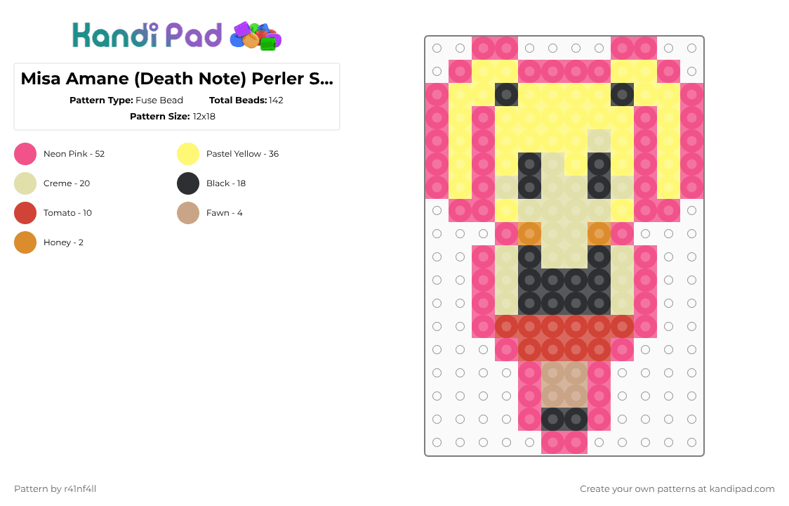 Misa Amane (Death Note) Perler Sprite - Fuse Bead Pattern by r41nf4ll on Kandi Pad - yellow,pink,misa,misa amane,death note,girl,anime,manga,alt,alt girl