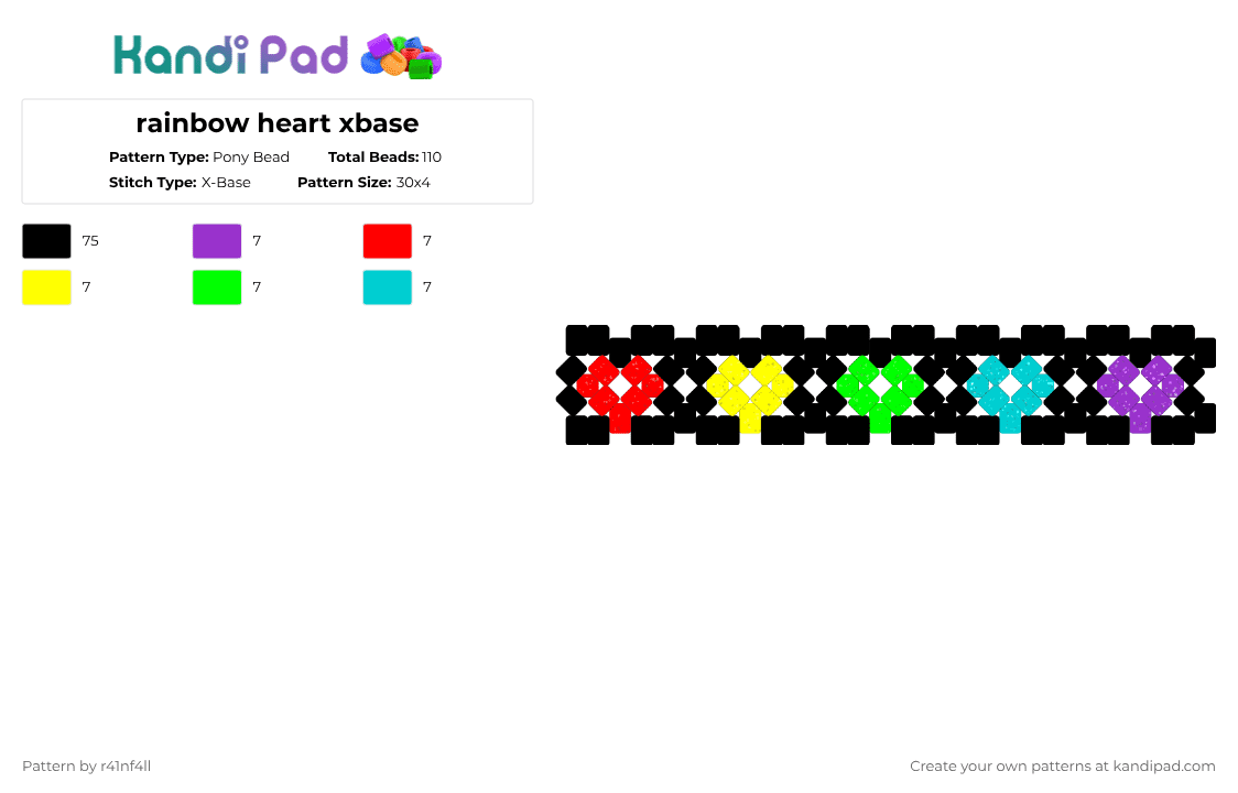 rainbow heart xbase - Pony Bead Pattern by r41nf4ll on Kandi Pad - black,red,green,colorful,heart,rainbow,neon,glitter,colors,kokoro,hearts