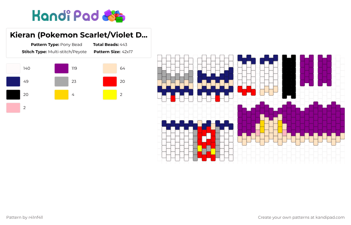 Kieran (Pokemon Scarlet/Violet DLC) (Indigo Disk Outfit) - Pony Bead Pattern by r41nf4ll on Kandi Pad - beige,pink,kieran,pokemon,scarlet and violet,doll,kandi doll,kiki,suguri