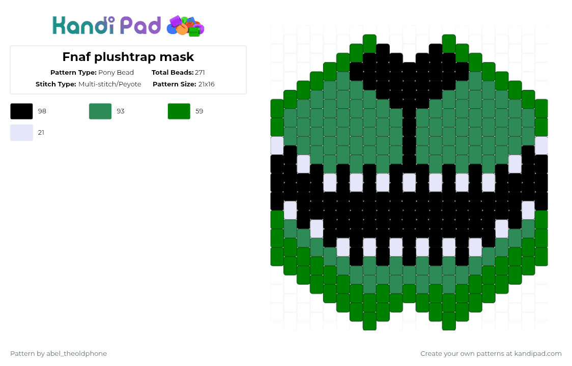 Fnaf plushtrap mask - Pony Bead Pattern by abel_theoldphone on Kandi Pad - green,fnaf,fivenightsatfreddys,fnaf4,plushtrap