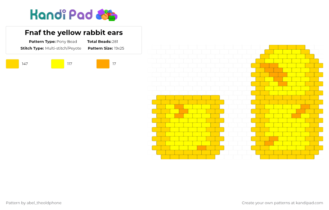 Fnaf the yellow rabbit ears - Pony Bead Pattern by abel_theoldphone on Kandi Pad - yellow,fnaf,fnafmovie,fnaftheyellowrabbit,theyellowrabbit,williamafton