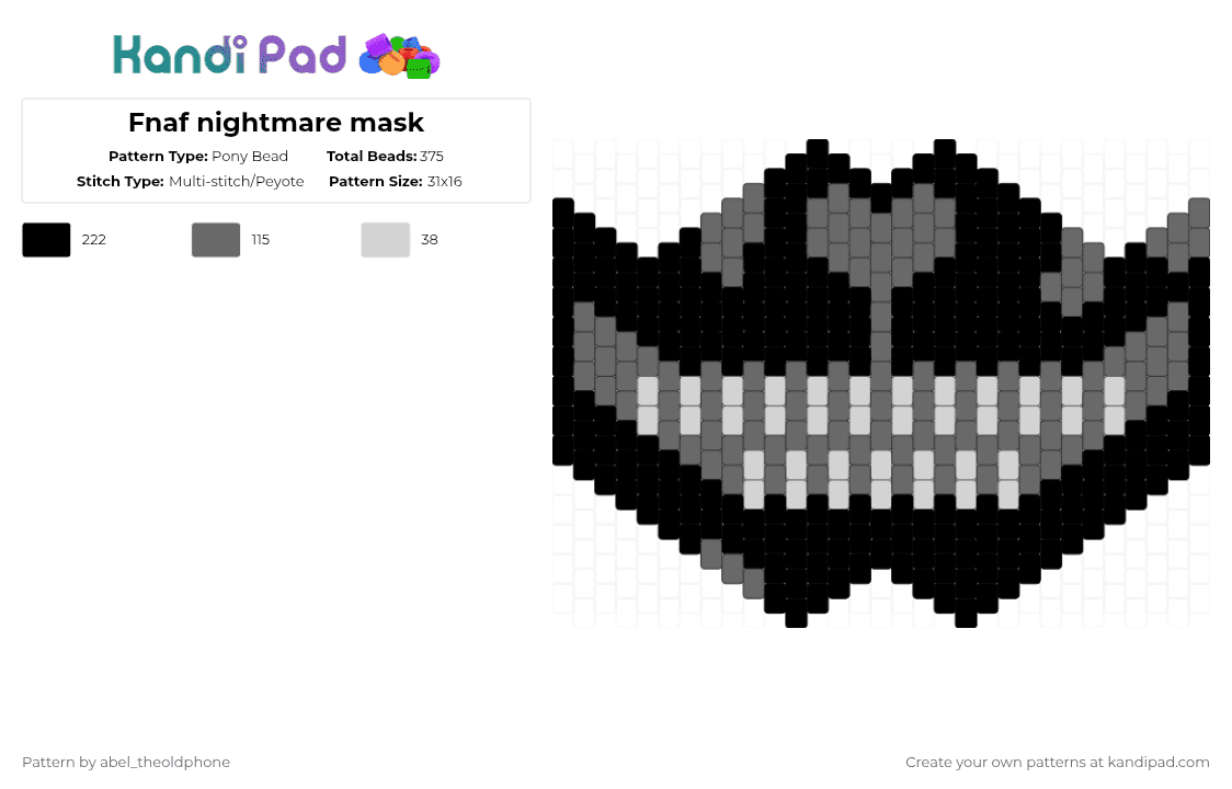 Fnaf nightmare mask - Pony Bead Pattern by abel_theoldphone on Kandi Pad - gray,fnaf4,fnaf,nightmare,black,teeth,fivenightsatfreddys