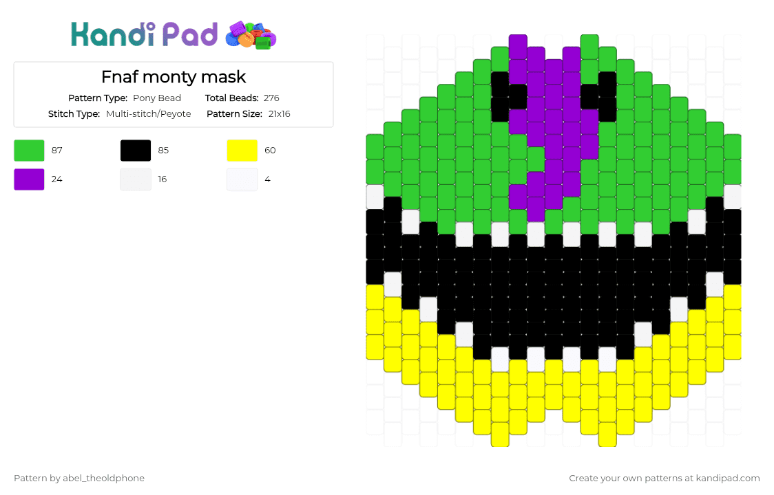 Fnaf monty mask - Pony Bead Pattern by abel_theoldphone on Kandi Pad - green,yellow