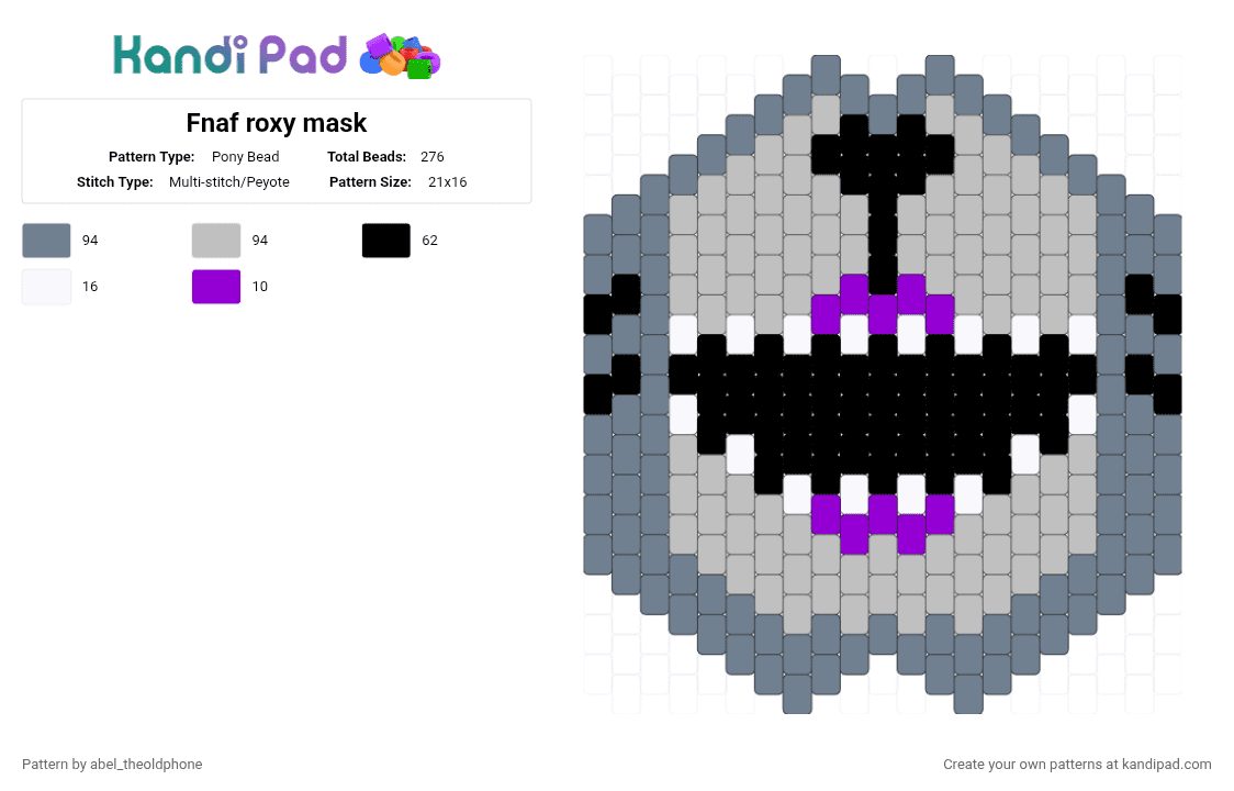 Fnaf roxy mask - Pony Bead Pattern by abel_theoldphone on Kandi Pad - gray,beige