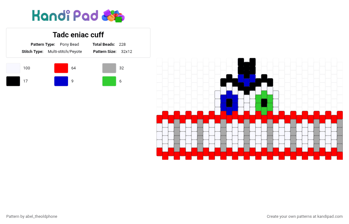 Tadc eniac cuff - Pony Bead Pattern by abel_theoldphone on Kandi Pad - white,red,beige