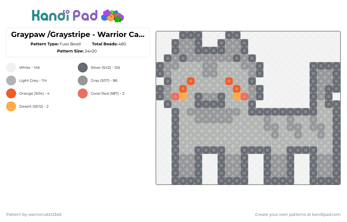 Graypaw /Graystripe - Warrior Cats - Bead Pattern - Fuse Bead Pattern by warriorcats12345 on Kandi Pad - gray,beige