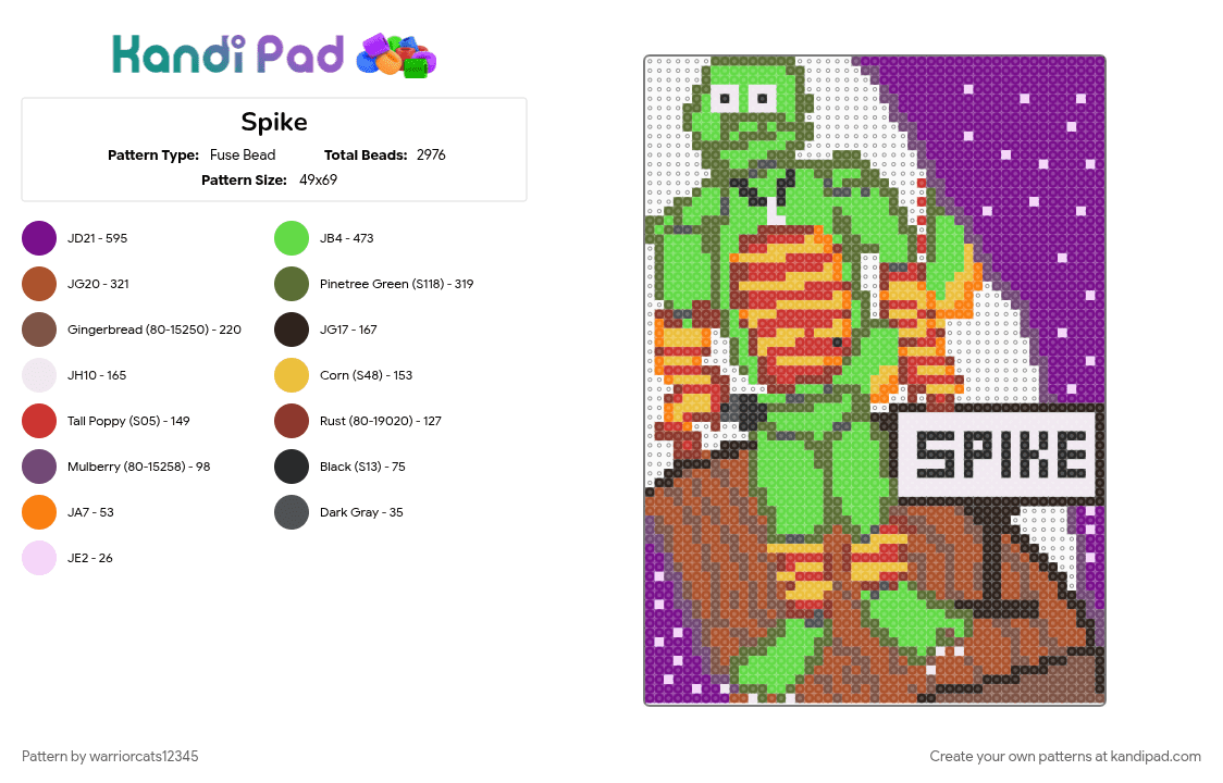 Spike - Fuse Bead Pattern by warriorcats12345 on Kandi Pad - fnaf, gold, green, pink, red