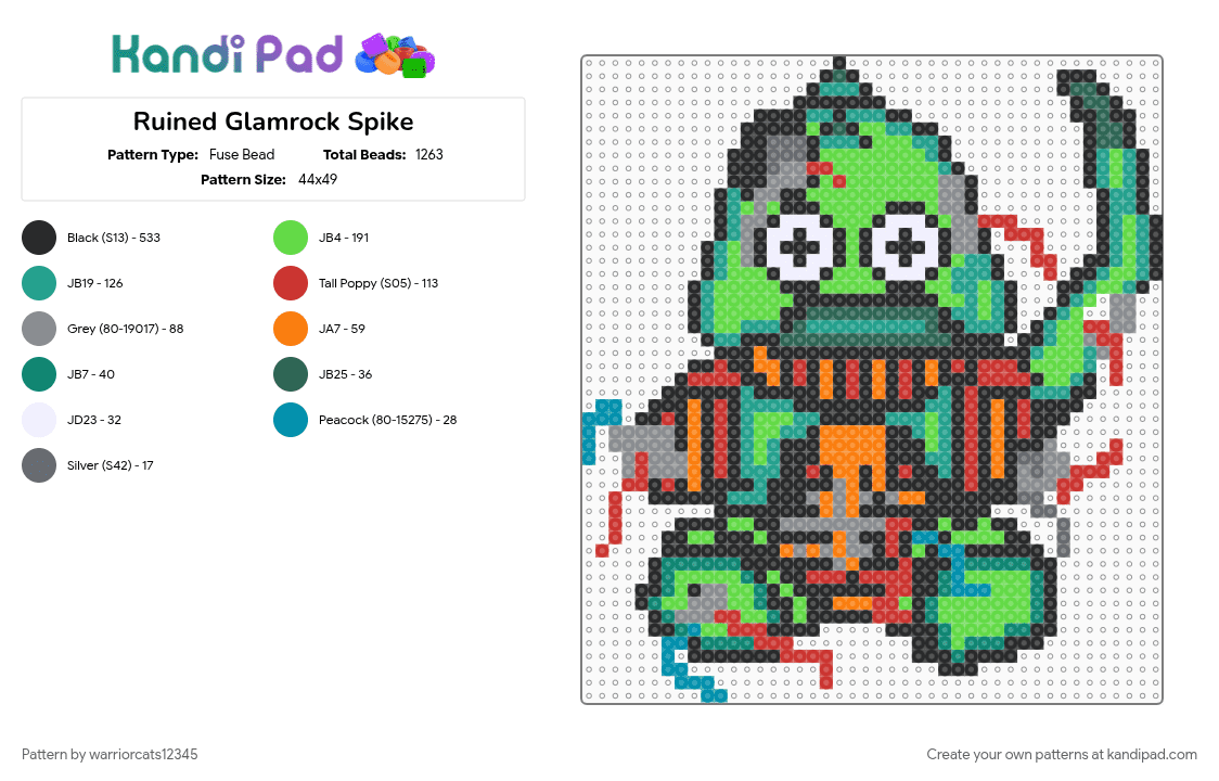 Ruined Glamrock Spike - Fuse Bead Pattern by warriorcats12345 on Kandi Pad - gray, green, teal