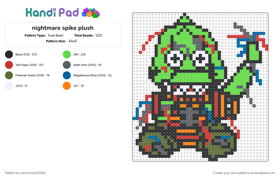 nightmare spike plush - Fuse Bead Pattern by warriorcats12345 on Kandi Pad - black, gray, green, red