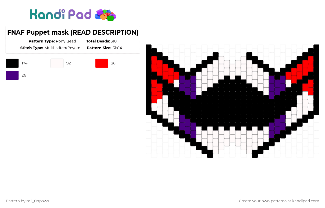 FNAF Puppet mask (READ DESCRIPTION) - Pony Bead Pattern by mil_0npaws on Kandi Pad - black,white,red,purple