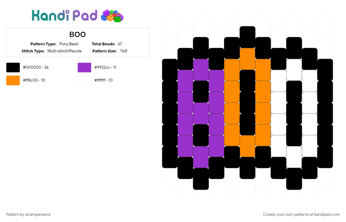 BOO - Pony Bead Pattern by ariampersand on Kandi Pad - orange, purple