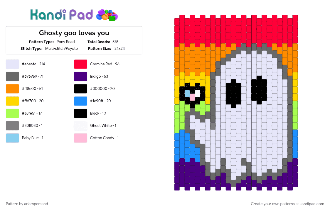 Ghosty goo loves you - Pony Bead Pattern by ariampersand on Kandi Pad - colorful, gray, purple, red, white