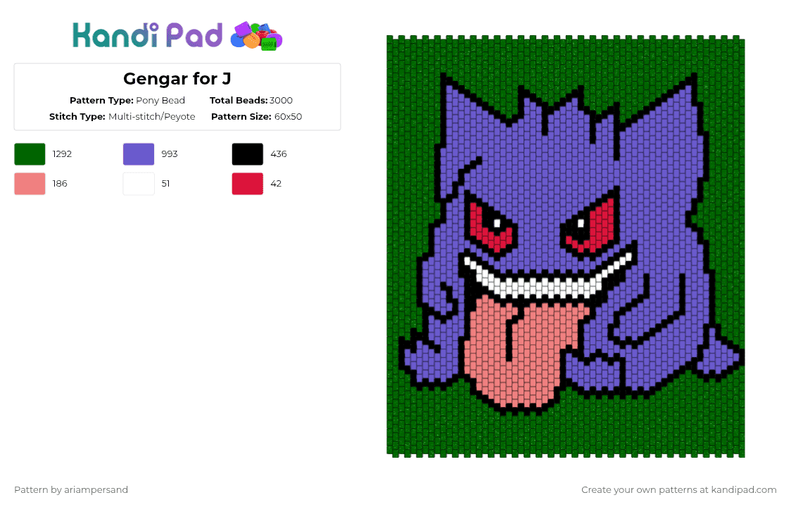 Gengar for J - Pony Bead Pattern by ariampersand on Kandi Pad - blue, green
