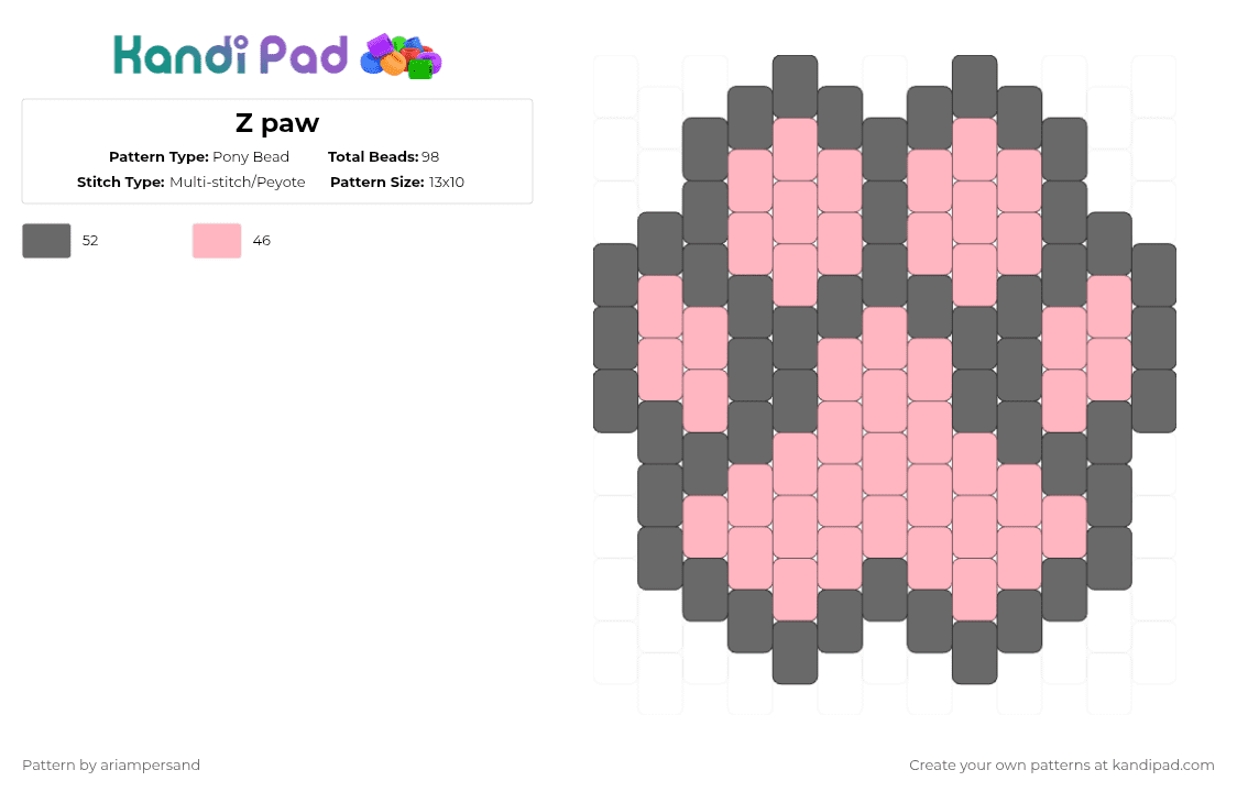 Z paw - Pony Bead Pattern by ariampersand on Kandi Pad - gray,pink