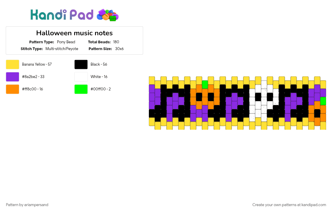 Halloween music notes - Pony Bead Pattern by ariampersand on Kandi Pad - purple, yellow