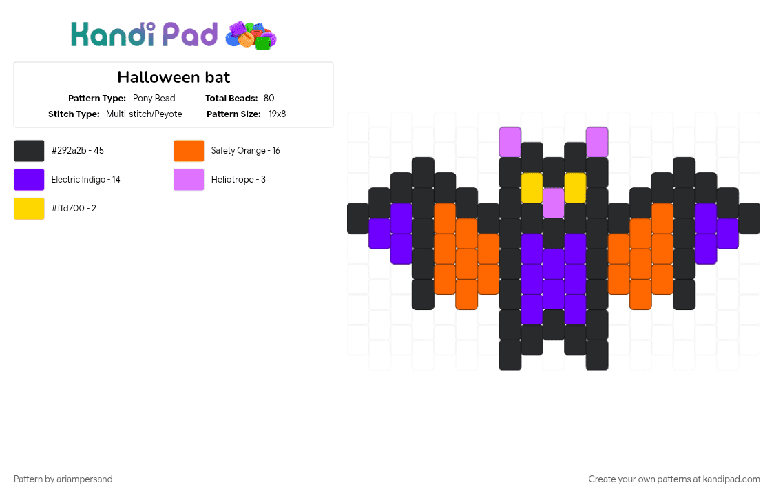 Halloween bat - Pony Bead Pattern by ariampersand on Kandi Pad - black, orange, purple