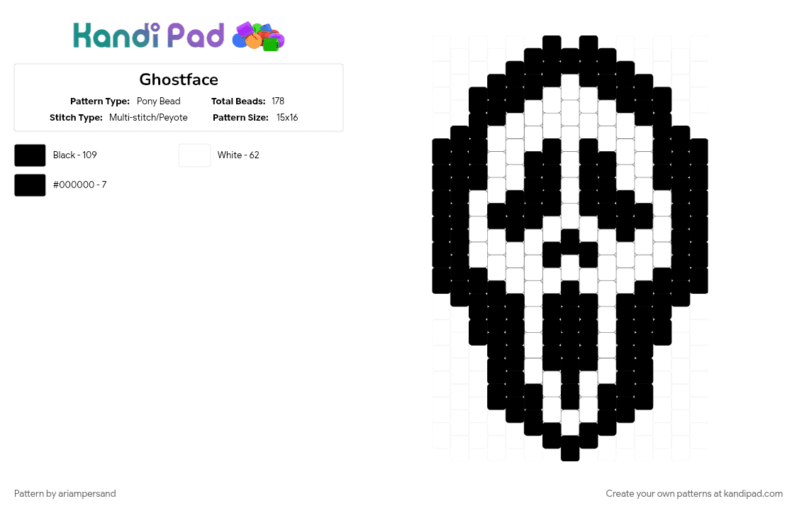 Ghostface - Pony Bead Pattern by ariampersand on Kandi Pad - black, white