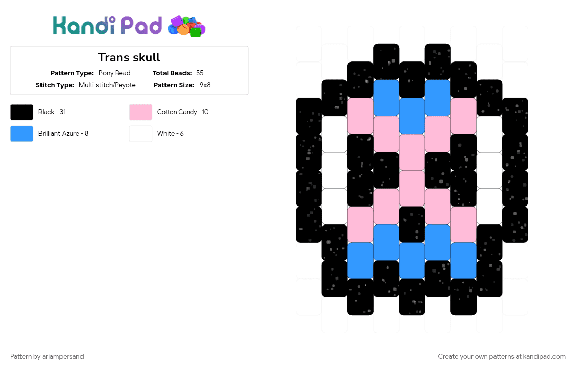 Trans skull - Pony Bead Pattern by ariampersand on Kandi Pad - black, light blue, pink