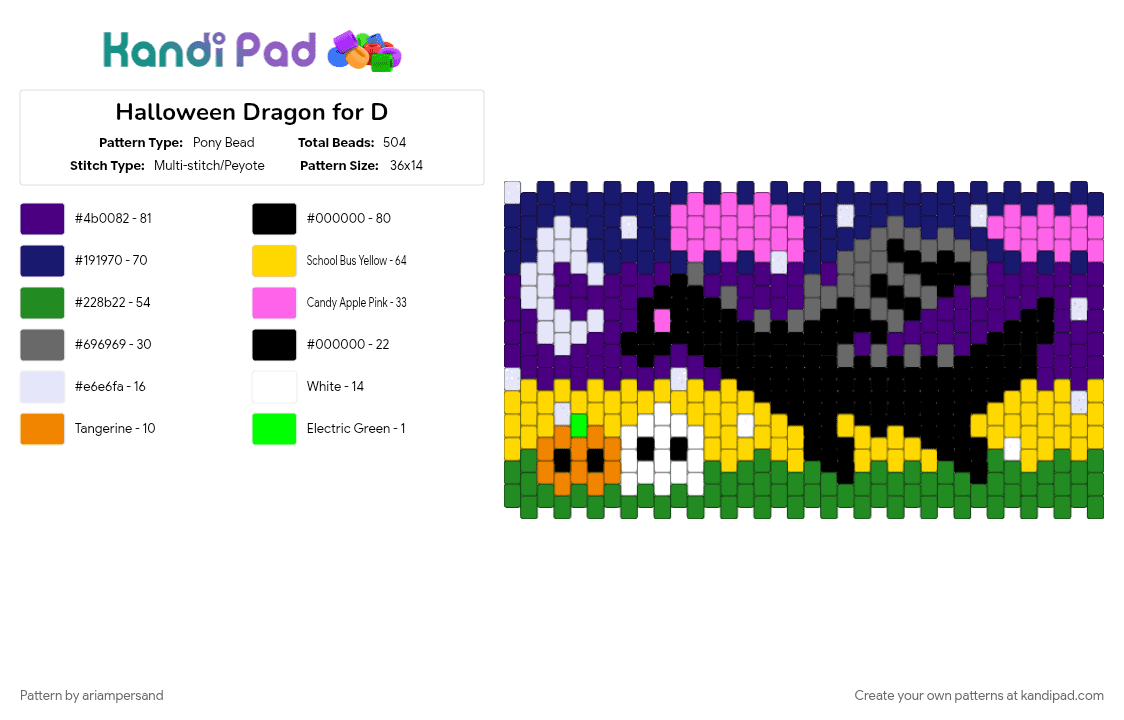 Halloween Dragon for D - Pony Bead Pattern by ariampersand on Kandi Pad - green, purple, yellow