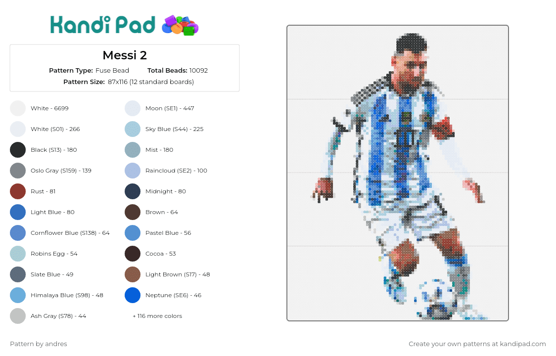 Messi 2 - Fuse Bead Pattern by andres on Kandi Pad - lionel messi,soccer,futbol,argentina,dynamic,legend,skill,passion,sport,blue,white