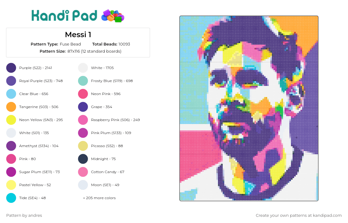 Messi 1 - Fuse Bead Pattern by andres on Kandi Pad - lionel messi,portrait,soccer,futbol,argentina,colorful,spirit,talent,worldwide,purple