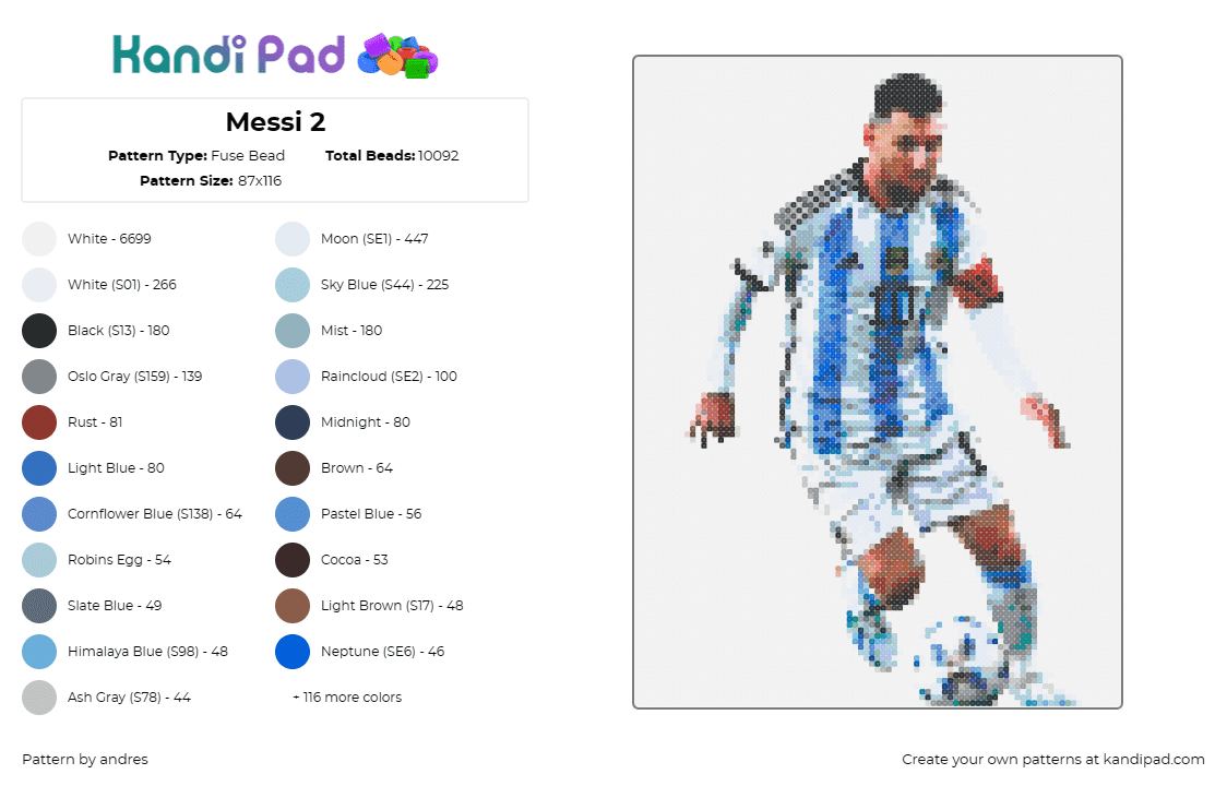 Messi 2 - Fuse Bead Pattern by andres on Kandi Pad - lionel messi,soccer,futbol,argentina,legend,skill,passion,sport,blue,white