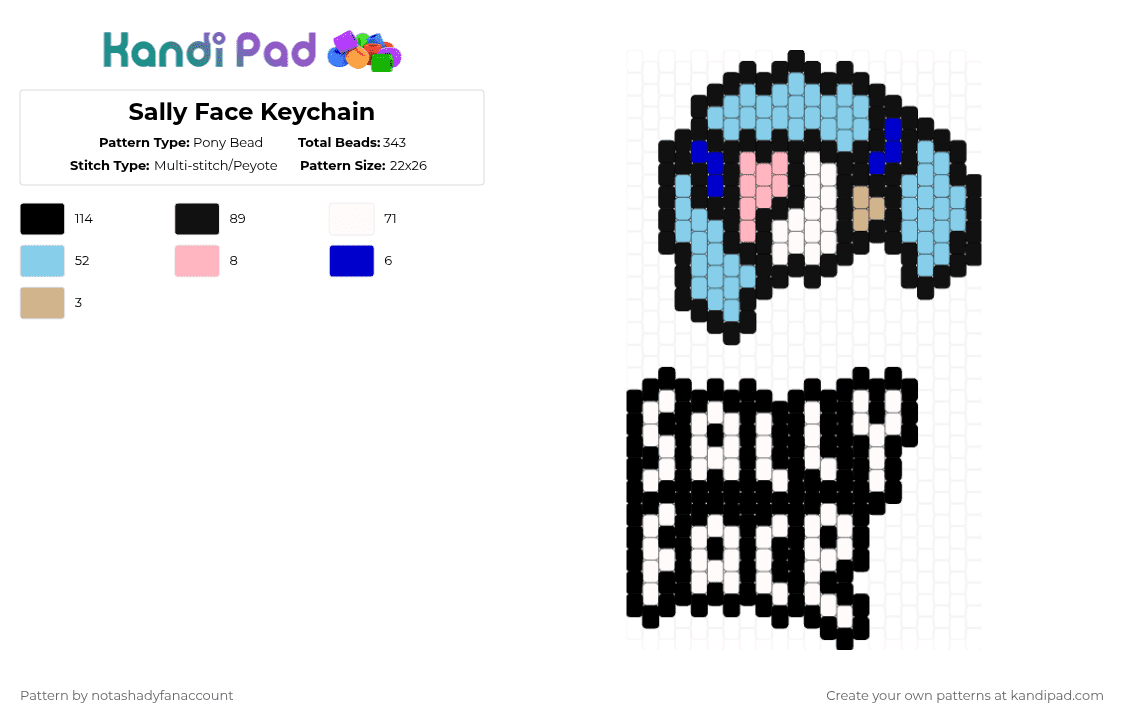 Sally Face Keychain - Pony Bead Pattern by notashadyfanaccount on Kandi Pad - black,white,light blue