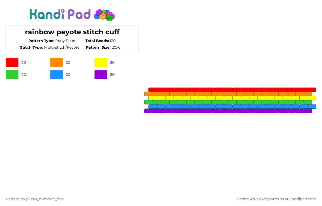 rainbow peyote stitch cuff - Pony Bead Pattern by pilbys_number1_fan on Kandi Pad - orange,green,purple,colorful