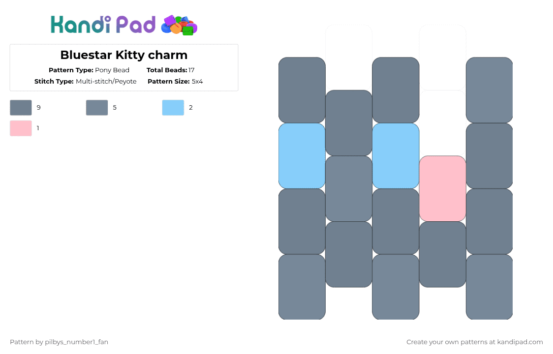 Bluestar Kitty charm - Pony Bead Pattern by pilbys_number1_fan on Kandi Pad - gray,bluestar,warriors,warrior cats,kitty