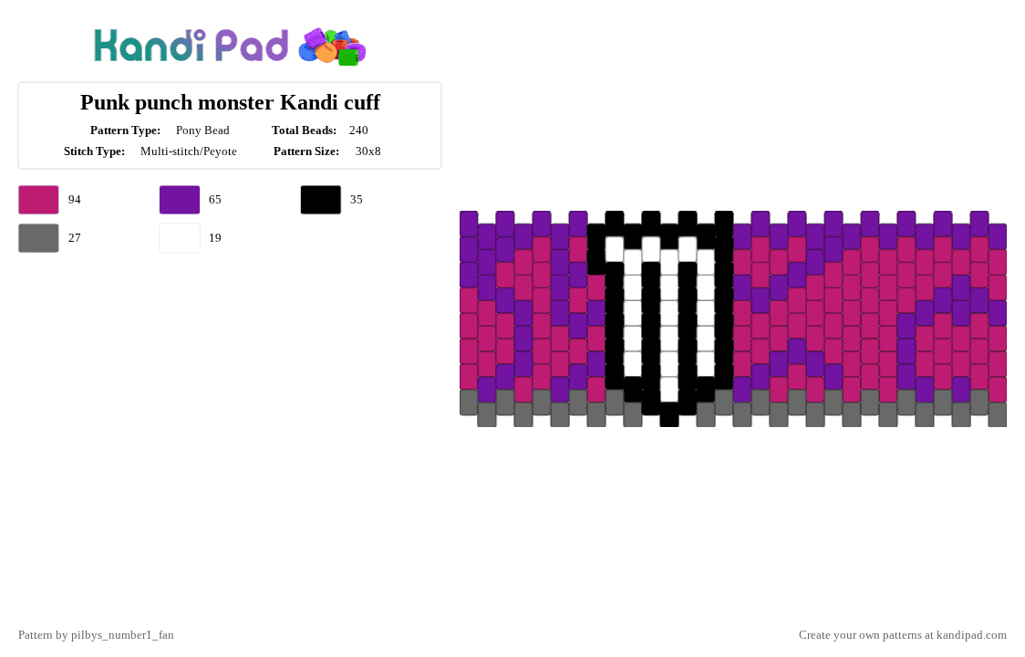 Punk punch monster Kandi cuff - Pony Bead Pattern by pilbys_number1_fan on Kandi Pad - purple,pink,monster,multistich,cuff,punk punch