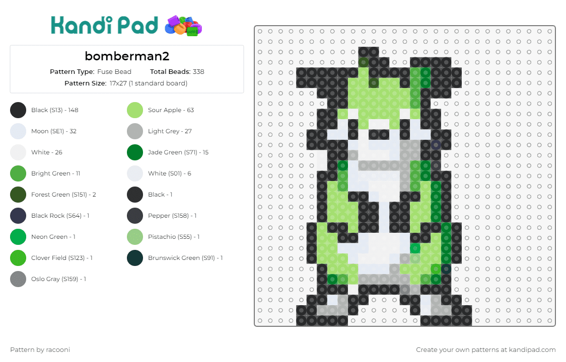 bomberman2 - Fuse Bead Pattern by racooni on Kandi Pad - green louie,bomberman,pixelated,classic,video game,charm,fans,green