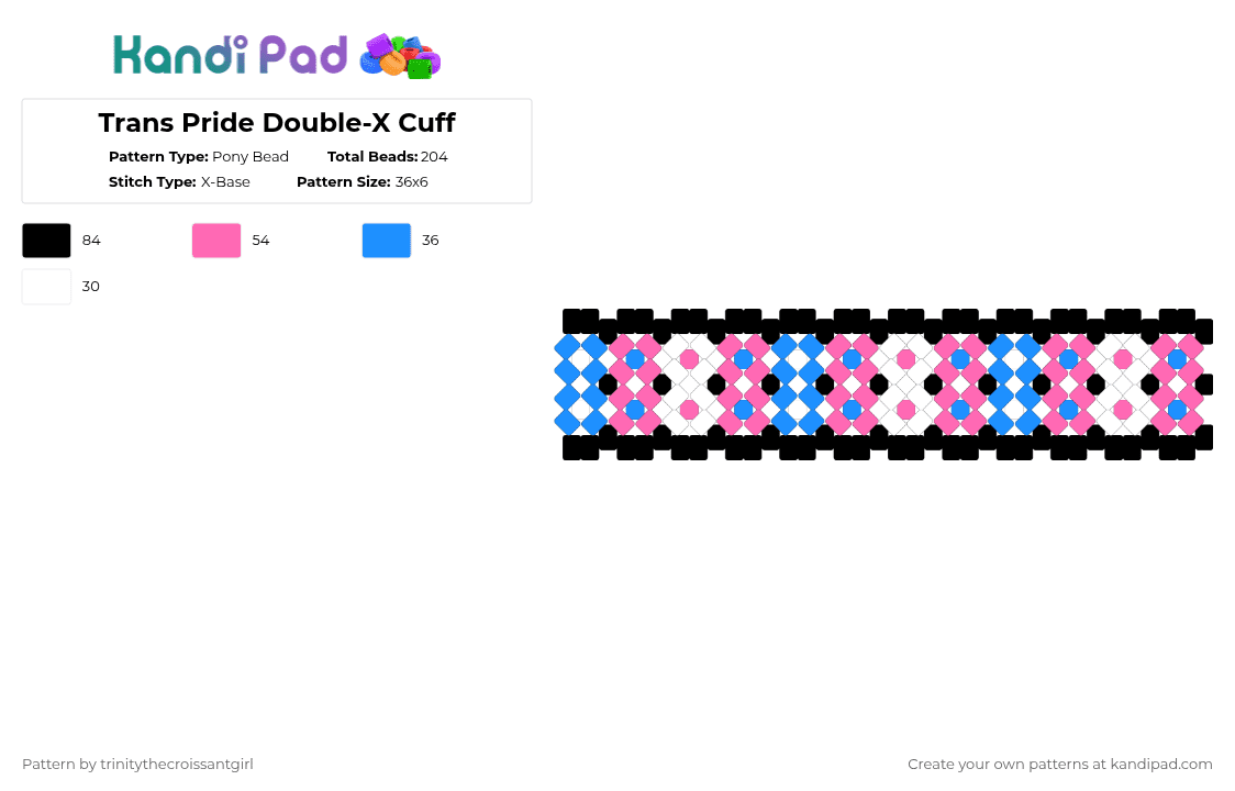 Trans Pride Double-X Cuff - Pony Bead Pattern by xtrinity on Kandi Pad - pink,light blue,trans,pride,lgbtq,cuff