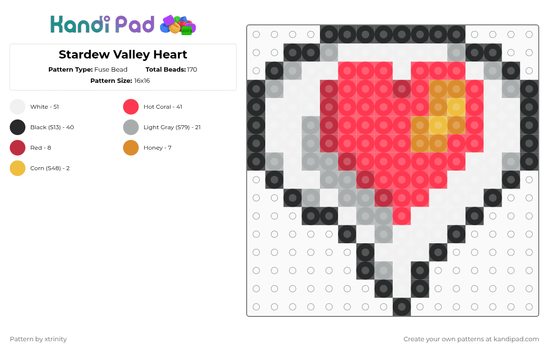 Stardew Valley Heart - Fuse Bead Pattern by xtrinity on Kandi Pad - gray,red,stardew,stardewvalley,heart