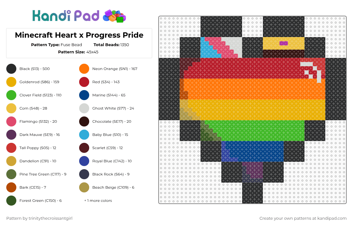 Minecraft Heart x Progress Pride - Fuse Bead Pattern by xtrinity on Kandi Pad - red,orange,green