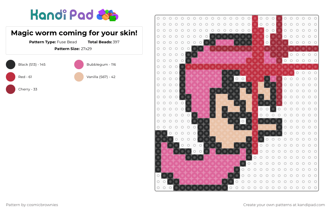 Magic worm coming for your skin! - Fuse Bead Pattern by cosmicbrownies on Kandi Pad - red,pink